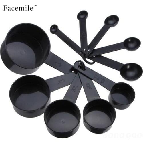 Facemile 10pcs/set Black Plastic Measuring Spoons Cups Set Kitchen Utensils Tools For Baking Coffee Tea 01020 Gift