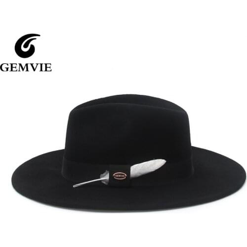GEMVIE New Wool Felt 4 colors Stiff Wide Brim Fedora For Man/Women Striped Silver Feather Band Autumn Winter Panama Jazz Cap