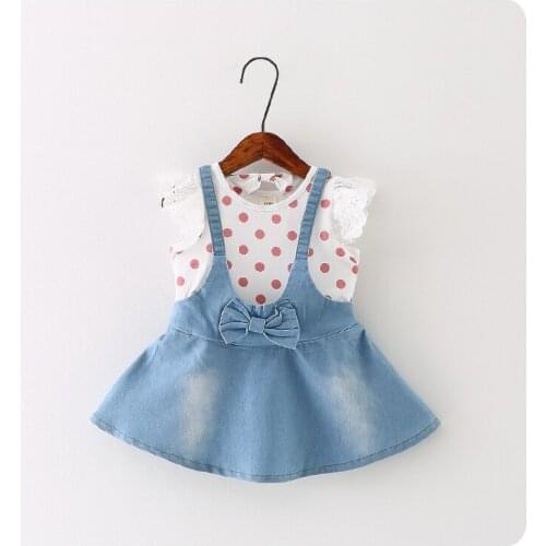 Korean 16 A Summer New Girl Childrens Garment Wave Point Bow Lace Lace Cowboy Straps Fashion False 2 Pieces Dress