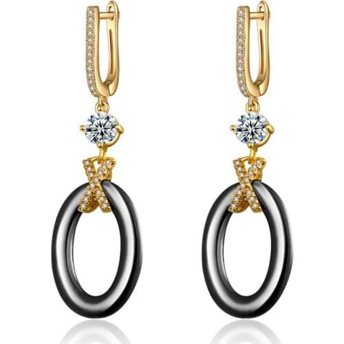 Creative Design Round Circle Ceramic Drop Earrings Gold Silver Color Luxury Zirconia Earrings for Women Party Jewelry Girls Gift