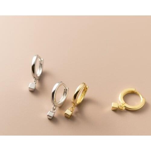 Small Cute Authentic Real. 925 Sterling Silver jewelry Square Cube hoop huggie earrings C-G8115