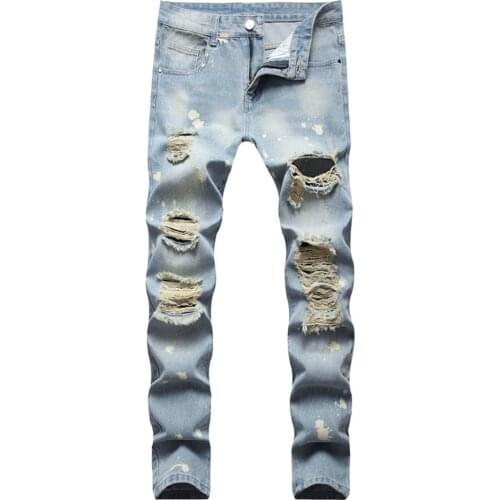 Mens Holes Ripped Denim Jeans Light Blue Slim Straight Pants Vintage Retro Trousers