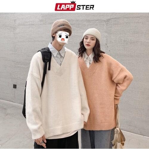 LAPPSTER Men V-neck Fake Two Pieces Knitted Sweater 2021 Mens Harajuku Oversized Vintage Pullovers Male Streetwear Y2k Sweaters