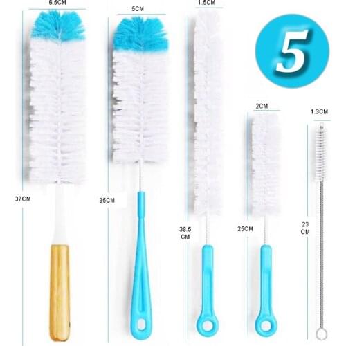 5 in 1 Cup Bottle Cleaning Brush Sets for Kitchen Household Nylon Bristles 304 Stainless Brush Rod for Washing Mugs Teacups Sink