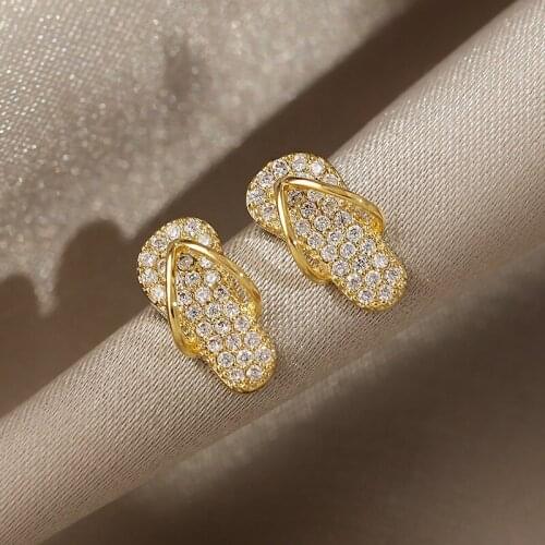 Charm Gold Color Flip Flop Earrings Luxury Female White Crystal Stud Earrings Cute Bride Zircon Stone Wedding Earrings For Women