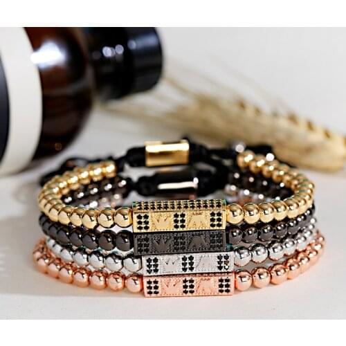 Luxury Charm Crown Long Tube Men Bracelet Femme Black Pave CZ Braided Gold Color Bead Bracelet For Men Jewelry Gift
