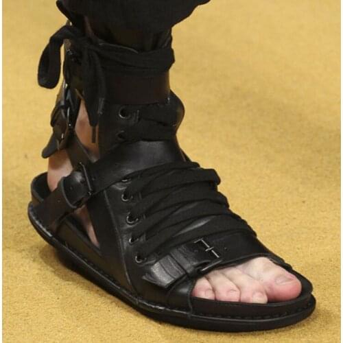 Tuziblobo Men Rome Sandals Black Shoes Gladiator Sandals High-Top Owen Genuine Leather Slippers Slides Summer Men Sandals