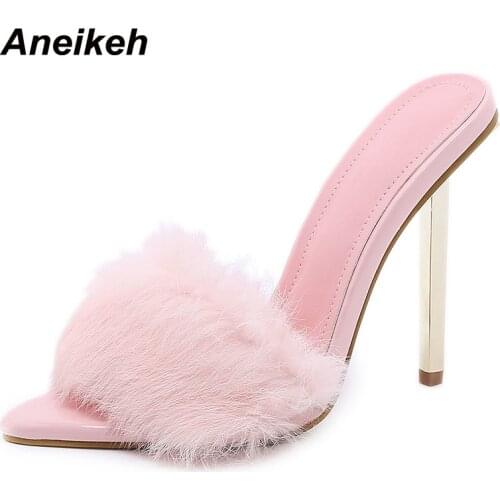 Aneikeh Sexy Pointed Toe Thin High Heels Lazy Slippers Outside Fashion Fur Shallow Ladies Party Sandals Slip-On Solid 35-42