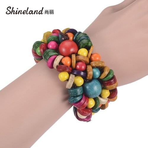 Shineland Ethnic Colorful Coconut Shell Stretch Bracelet Wooden Beads Bohemian Bangles For Girl Female Boho Beach Jewelry 2021