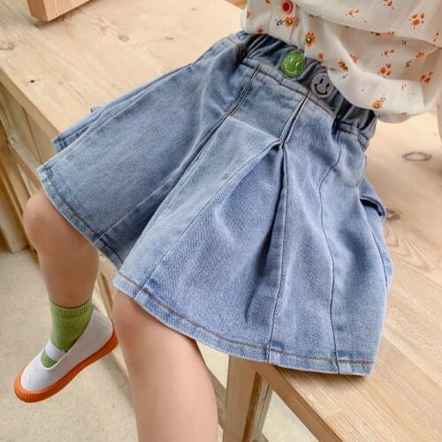 Toddler Girls Skirts 3 4 5 6 7 Year Kids Autumn Denim Skirt Korean Pleated Smiley Embroidery Skirt For Girl 2020 New Arrival