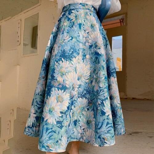 2021 Spring/Fall Vintage Embroidery Jacquard Flower Long Skirt Plus Size High Waist A-line Chic Mid-calf Umbrella Skirts Faldas