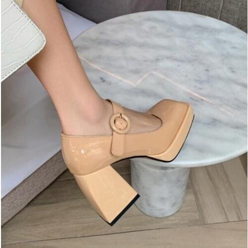 Woman Black White Genuine Leather Retro Mary Jane Square Toe Pumps 9 cm Chunky Heels Shallow Thick Sole Platform Buckle Pumps