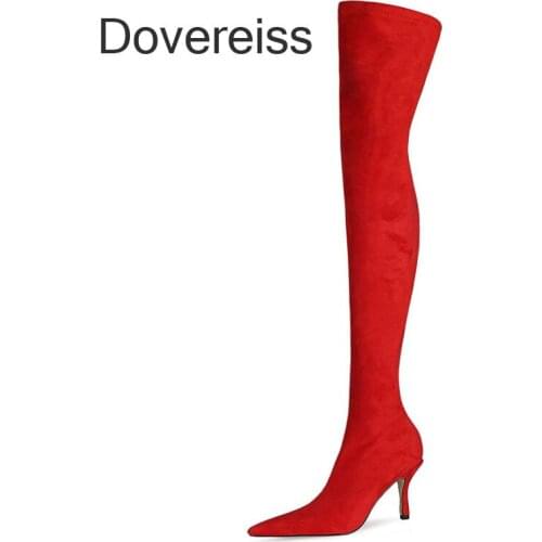 Dovereiss Winter New Fashion Sexy Pointed Toe Blue Grey Yellow Apricot Clear Heels Stilettos Heels Over The Knee High Boots 45