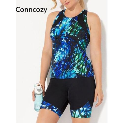 Plus Size Swimsuit Racer Back Printed Tankini Vest Bike Shorts Two-piece Tankini Set Push-up Bathing Suit Summer Beach Swimwear