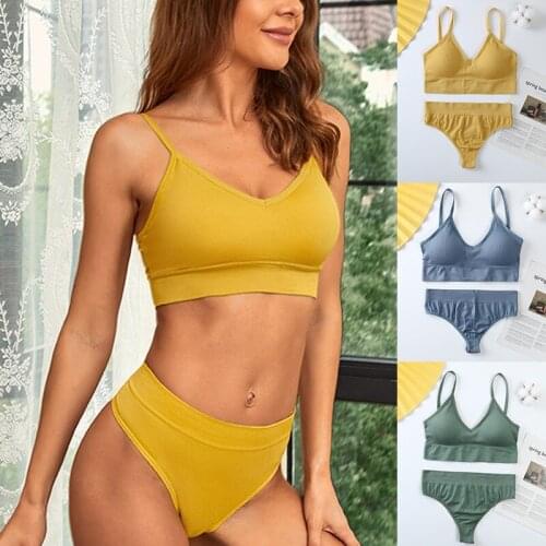 Women Fashion Crop Top Yoga Bra and PantiesTwo Piece Lingerie Set Underwear Bikini Set Solid Color Sexy