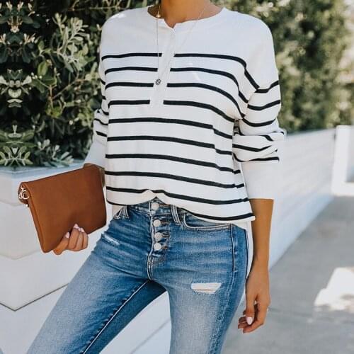 Women Sweater Autumn 2021 Full Sleeve Striped Color Round Neck Fashion Knitted Outwear Winter Female Pullovers Knitwear C2840