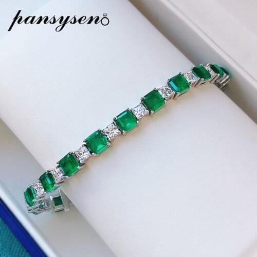 PANSYSEN Vintage Solid 925 Sterling Silver 7MM Emerald Simulated Moissanite Diamond Charm Women Bracelet Fine Jewelry Wholesale