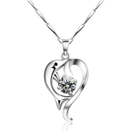 KOFSAC Trendy Silver Color Necklaces For Women Shiny Zircon Blue Heart Dolphin Pendant Jewelry Lady Valentines Day Accessories