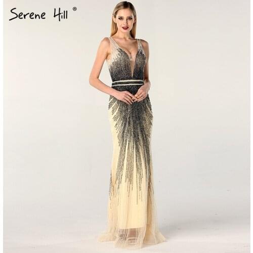 2020 Luxury Sleeveless v-Neck Sexy Evening Dresses Dubai Design Beading Formal Dress Serene Hill DLA60743