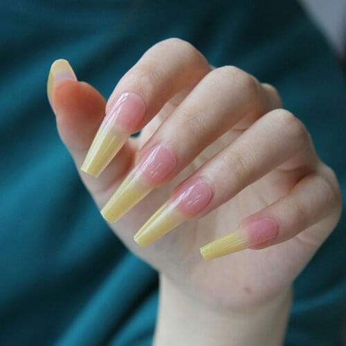 24Pcs/Set Fake Nail Stickers Yellow Gradient Long Ballet Nail Art Finished Removable Manicure Nail Supplies For Professionals