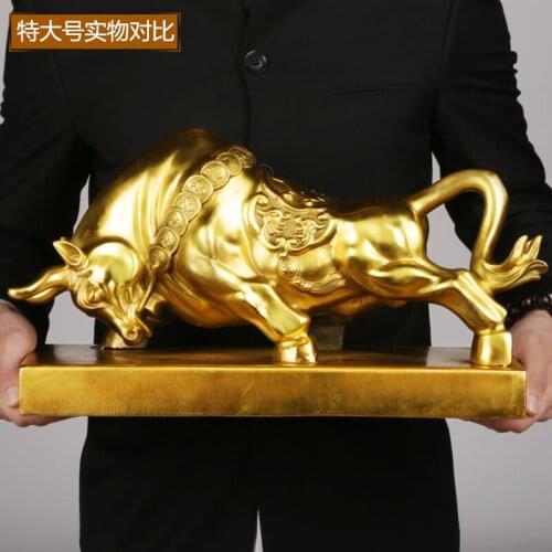 42 LARGE-TOP COOL home office equity market -efficacious Talisman Money Drawing GOLD Charging Bull COW bronze ART sculpture