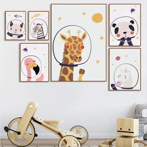 Astronaut Giraffe Panda Zebra Baby Animals Wall Art Kids Nursery Canvas Poster Nordic painting Decoration Child Bedroom Picture