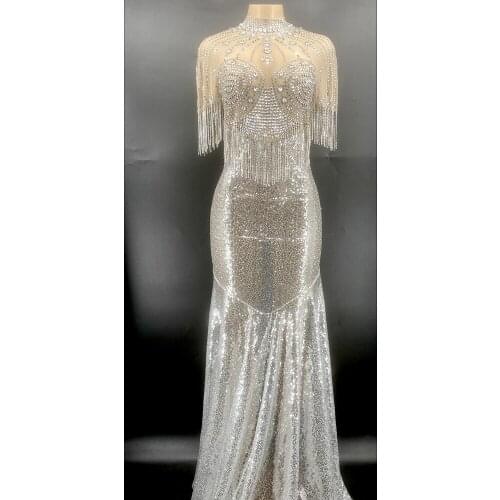 Sparkly Rhinestone Fringes Crystal Sequin Long Dress Women Celebrate Birthday Dress Prom Party Gown Dress Singer Sexy Stage Wear