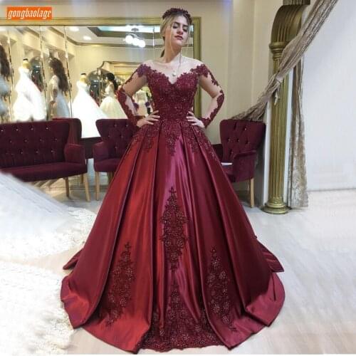 Burgundy Evening Dresses Lace Up Appliqued Beaded Satin Suknie Wieczorowe 2020 Custom Made Women Dress Party Gowns Long Slleeves