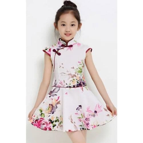 Chinese Traditional Dress Children Clothes Oriental Style Cheongsam Short Sleeve Dress Cotton Girls Clothing Chinese Cheongsam