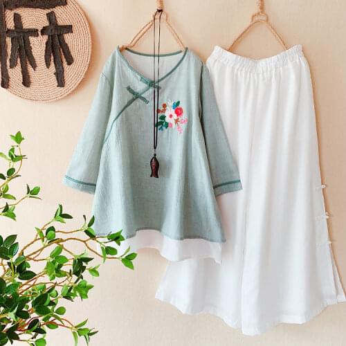 2pcs Set Vintage Embroidered Top Wide Leg Pants Summer Thin Cotton Linen Zen Tea Suit Traditional Chinese Clothing for Women