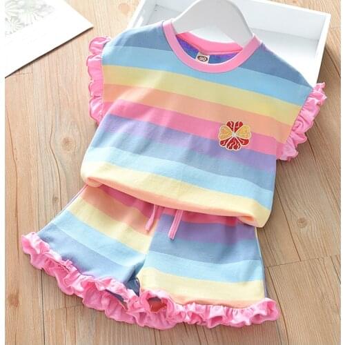 Baby Girls Clothing Set Newborn Two Piece Set Coat Infant 2021 Summer Boys Rainbow Stripe T-shirt+shorts Kid Clothes Set