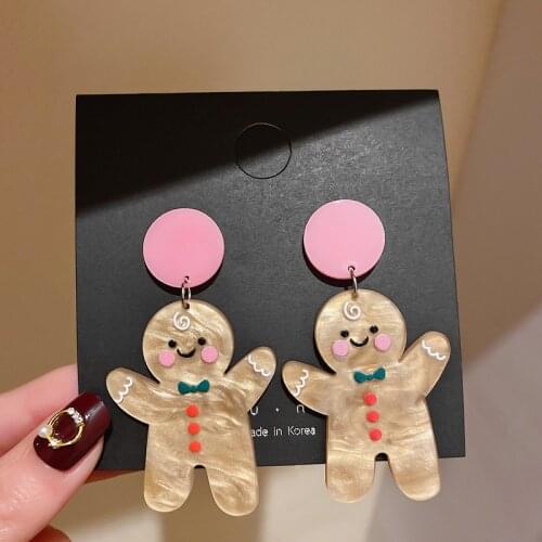 LOVOACC Cute Cartoon Doll Drop Earrings for Women Girl Pink Brown Arcylic Gingerbread Man Hanging Earrings Unique Design Jewelry