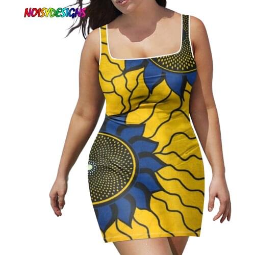 NOISYDESIGNS Yellow Blue Sunflower Ankara African Print Sexy Dress Women Dresses Female Dress Short Summer Sleeveless Vestidos