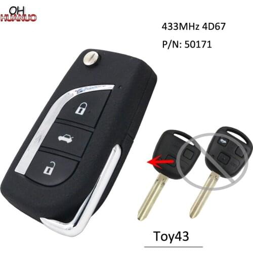 Upgraded Flip Remote Key Fob 433MHz 4D67 Chip for Toyota Prado 120 RAV4 Kluger P/N: 50171 TOY43 Blade