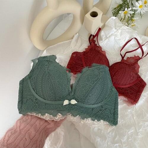 Wriufred Red Sexy Bra with Panties Set Lace Adjustable Breast Milk Small Breast Gathering Underwear Set Women Deep V Lingerie