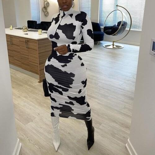 Cow Print Wrap Midi Sexy Bodycon Dress Women Fall Winter 2021 Long Sleeve Dress Female Tuleneck Club Party Dresses Ladies