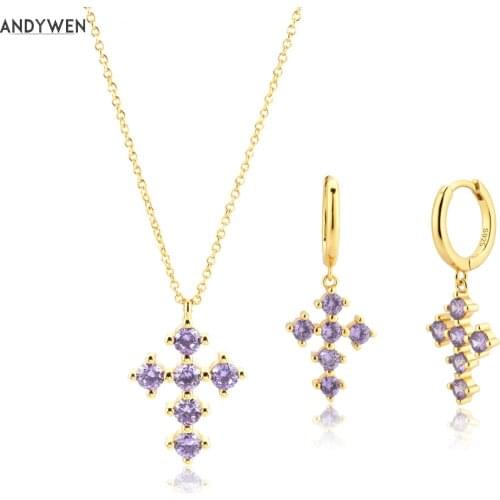 ANDYWEN 925 Sterling Silver Gold Purple Cross Pendant Necklace Chain Drop Earring Circle Hoop Luxury Women Jewelry Crystal