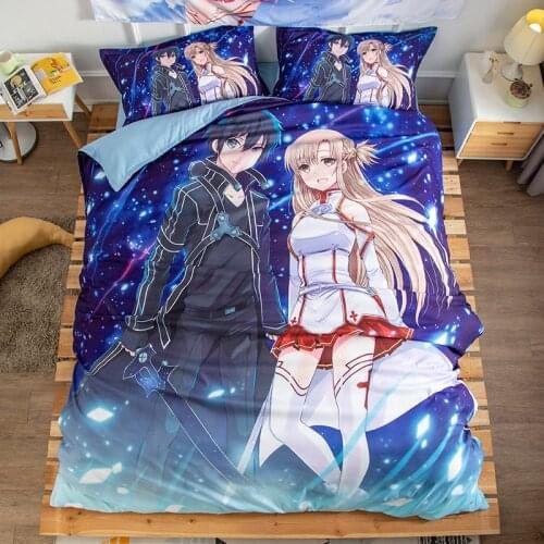 Anime Sword Art Online Kirito Asuna 3D Print Cartoon Comforter Bedding Set Duvet Cover Twin Queen King Size Bed Linen Gift Kids