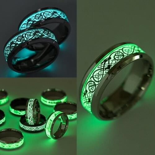 Stainless Steel Celtic Dragon Luminous Golw Ring for Men Women Fashion Jewelry Wedding Band Silver Gold Black Rings