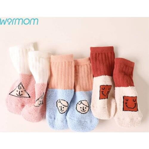 Warmom Cartoon Soft Coral Velvet Baby Socks for Boy Girls Vertical Stripes Stitching Childrens Warm Socks Cotton Kids Sock