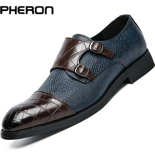 Mens Dress Shoes PU Leather Double Buckle Monk Strap Men Shoes Snake Print Cap Toe Classic Italian Shoes Zapatos Hombre Size 48