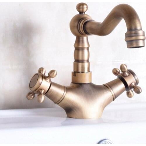 Vintage Retro Antique Brass Dual Cross Handles Bathroom Kitchen Basin Sink Faucet Mixer Tap Swivel Spout Deck Mounted mnf245