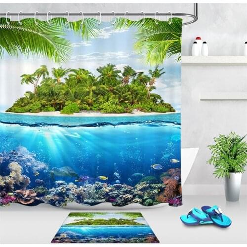 Waterproof Polyester Fabric Shower Curtain Tropical Plants Island landscape Marine Life Animals Printing Bath Curtains Doormat