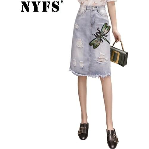 NYFS 2021 New Spring Summer Autumn Vintage Woman Long Denim Dragonfly Pattern Hole Skirt Jeans Slim Pencil Skirts