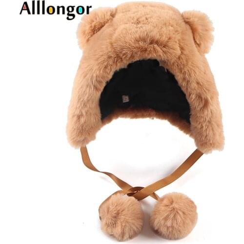 Women Winter Hat With Earflaps Womens Girl Ushanka 2021 Soft Warm Russian Plush Faux Fur Bomber Hats With Bear Ears Cute Cap