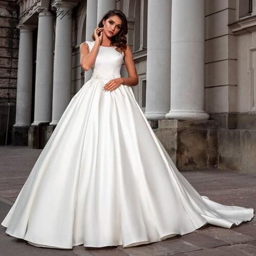 Lceland Poppy Womens A Line Satin Wedding Dresses Sleeveless Floor Length Beaded Court Train Bridal Gowns Vestido de Noiva