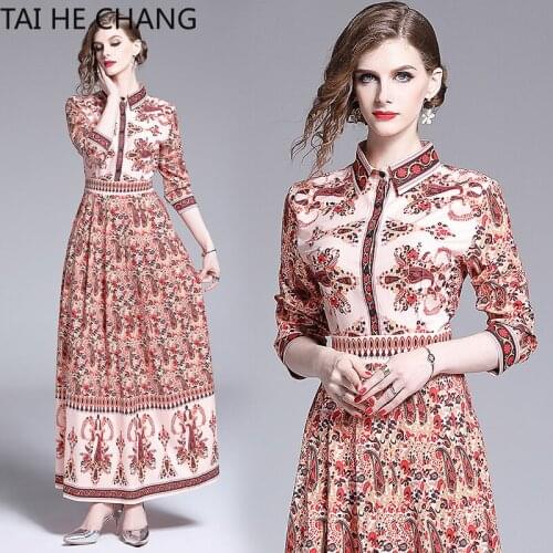 Women Dress New Fashion Retro Spring Summer Elegant Slim Bodycon Vintage Party Runway Print Shirt Office Work Maxi Dresses