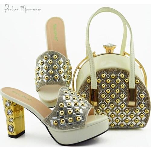 2020 Hot Selling Italian Design Lastest African Nigerian Party Ladies Shoes and Bag Set With Metal Decoration in Silver Color