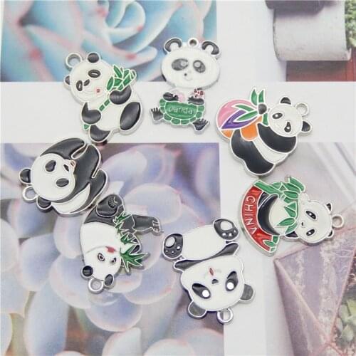 Julie Wang 4/7PCS Enamel Cute Panda Charms Alloy Mixed Styles White K Color Tone Pendants Bracelet Jewelry Making Accessory