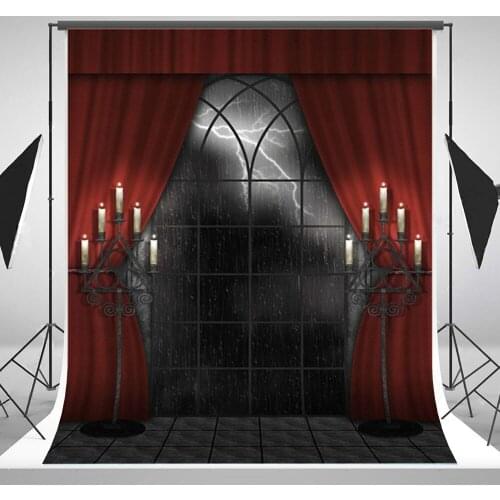 5x7ft Halloween Background Photography Backdrop Indoor Red Curtain Lighting Night Photo Studio Background Wood Floor for Kids